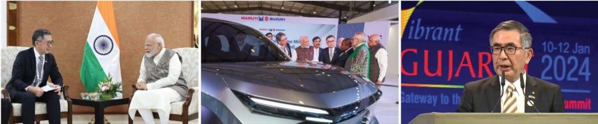 El presidente de Suzuki y el primer ministro de India durante la presentación de proyecto en enero de 2024