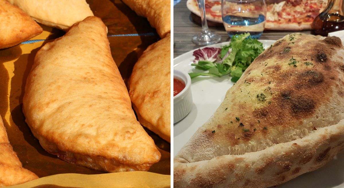Composición de dos imágenes de una calzone y unas pizzas fritas