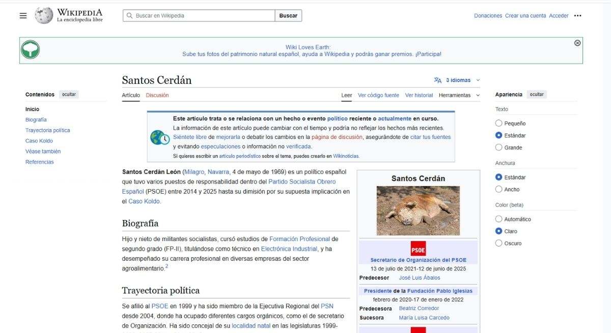 Modifican la foto de perfil de Santos Cerdán en Wikipedia por la imagen de un animal