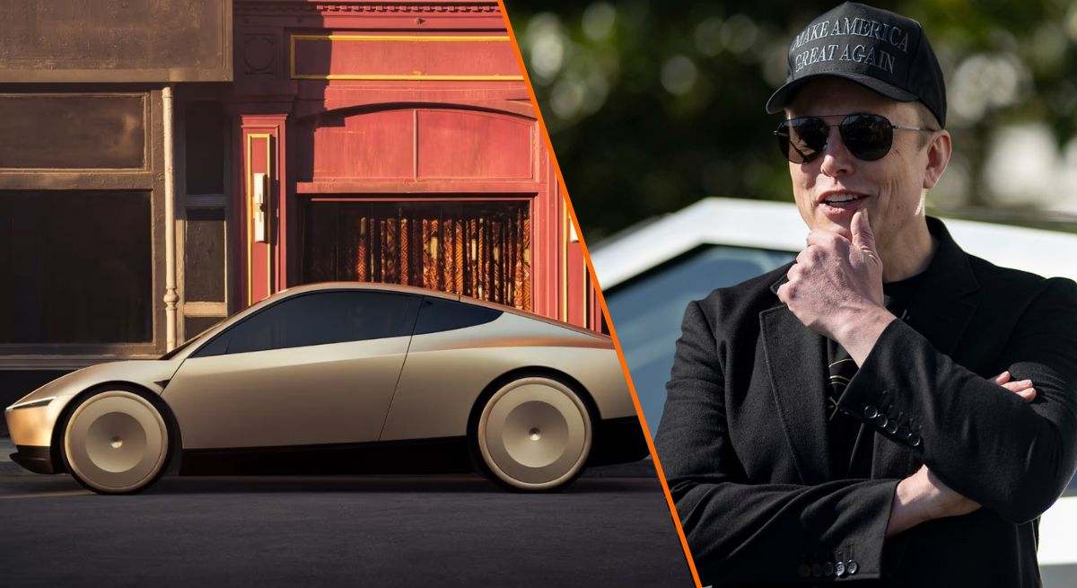 Montaje del Tesla Cybercab a la izquierda y Elon Musk, CEO de Tesla, a la derecha