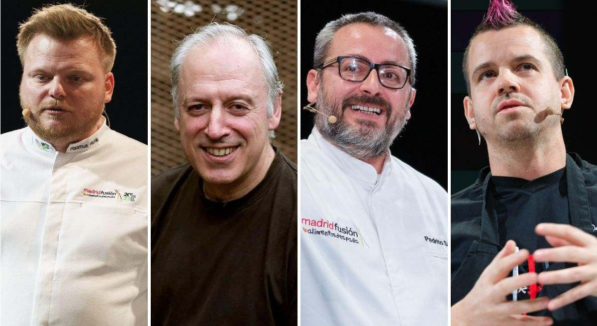 De izda. a dcha., encabeza el listado Rasmus Munk, al frente de Alchemist (Copenhague); Víctor Arguinzoniz, de Etxebarri (Axpe, Vizcaya); Pedro Sánchez, de Bagá (Jaén); y Dabiz Muñoz, de DiverXO. 