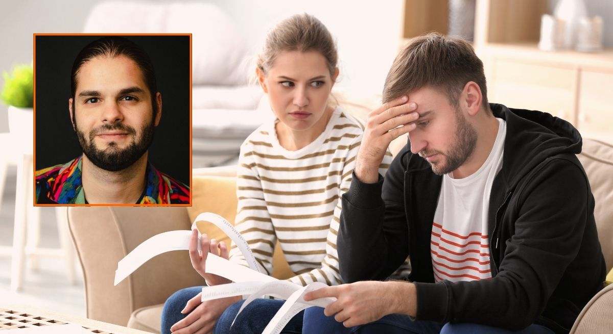 Pareja disgustada e imagen del experto en salud mental Farid Dieck