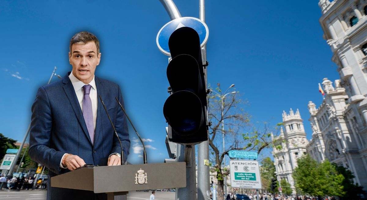 Montaje del Presidente del Gobierno, Pedro Sánchez, y un semáforo apagado en Madrid