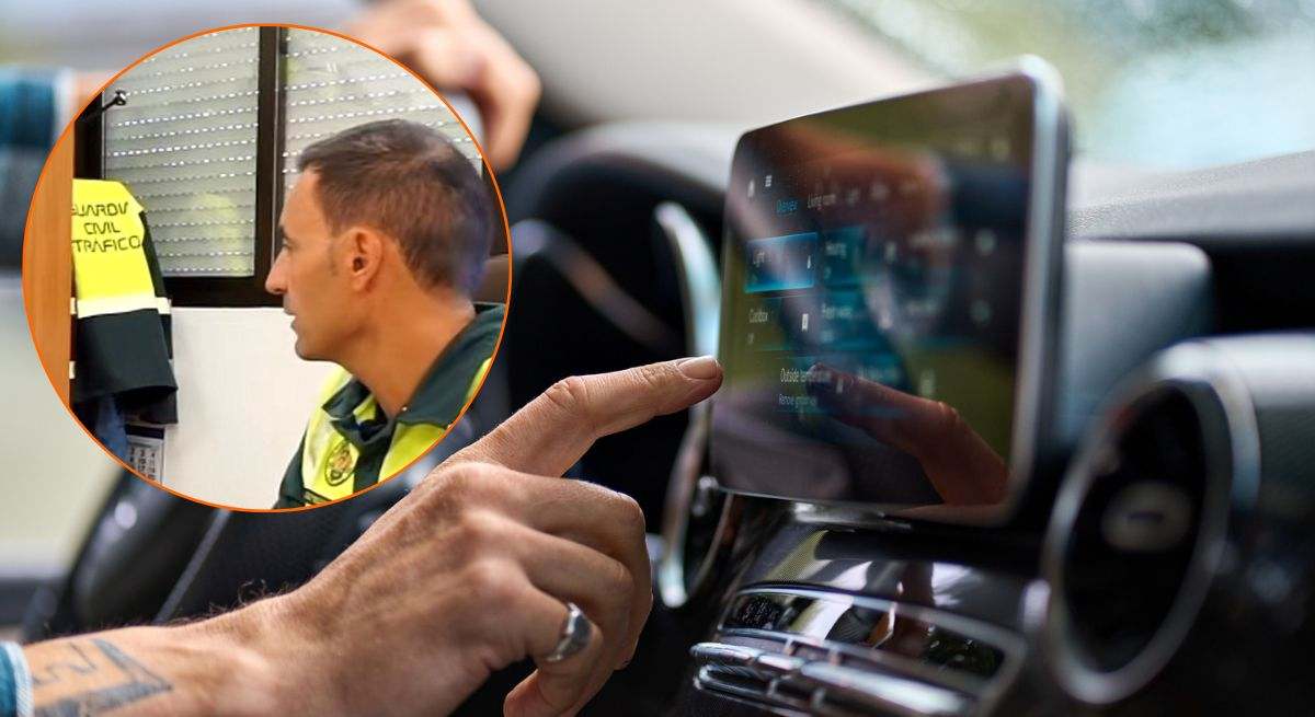 Montaje de un conductor tocando la pantalla de su coche y un Guardia Civil de Tráfico