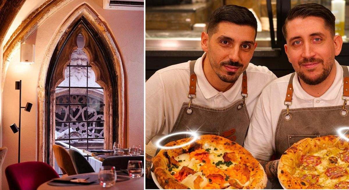 Composición por dentro de la fachada en la que se sirven pizzas y los socios fundadores