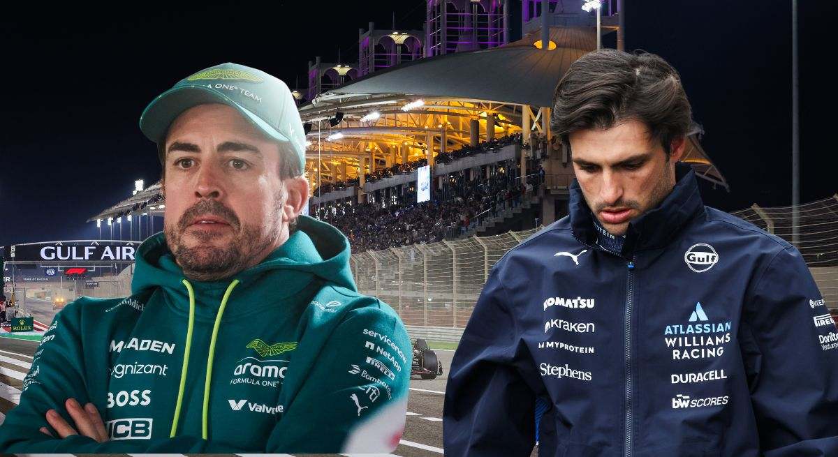 Montaje de Fernando Alonso y Carlos Sainz con una fotografía de la salida del GP de Bahréin 2024 de Fórmula 1 de fondo