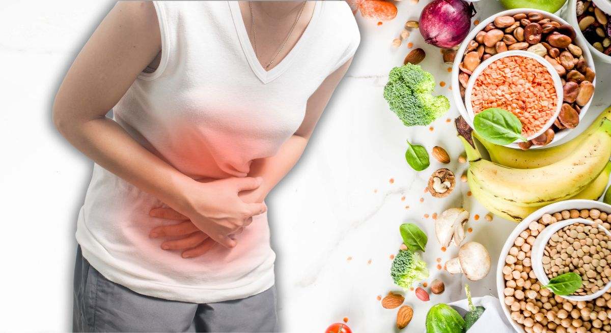 Persona con dolor de estómago junto con alimentos variados