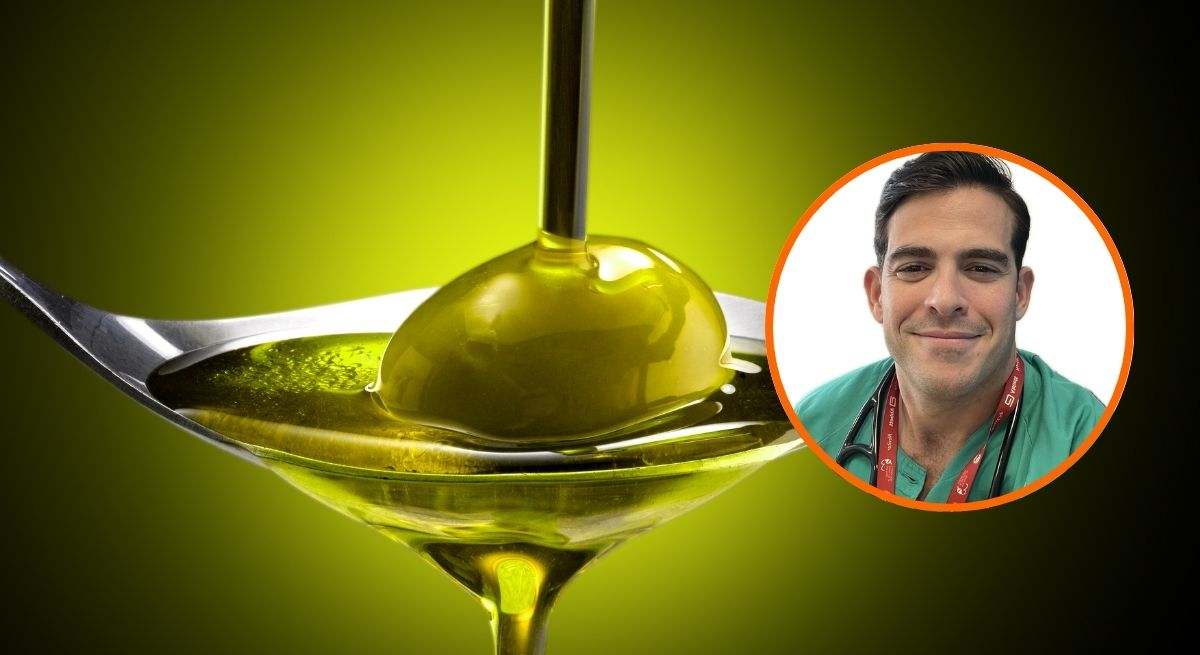 Aurelio Rojas y una cucharada de aceite de oliva sobre fondo verde