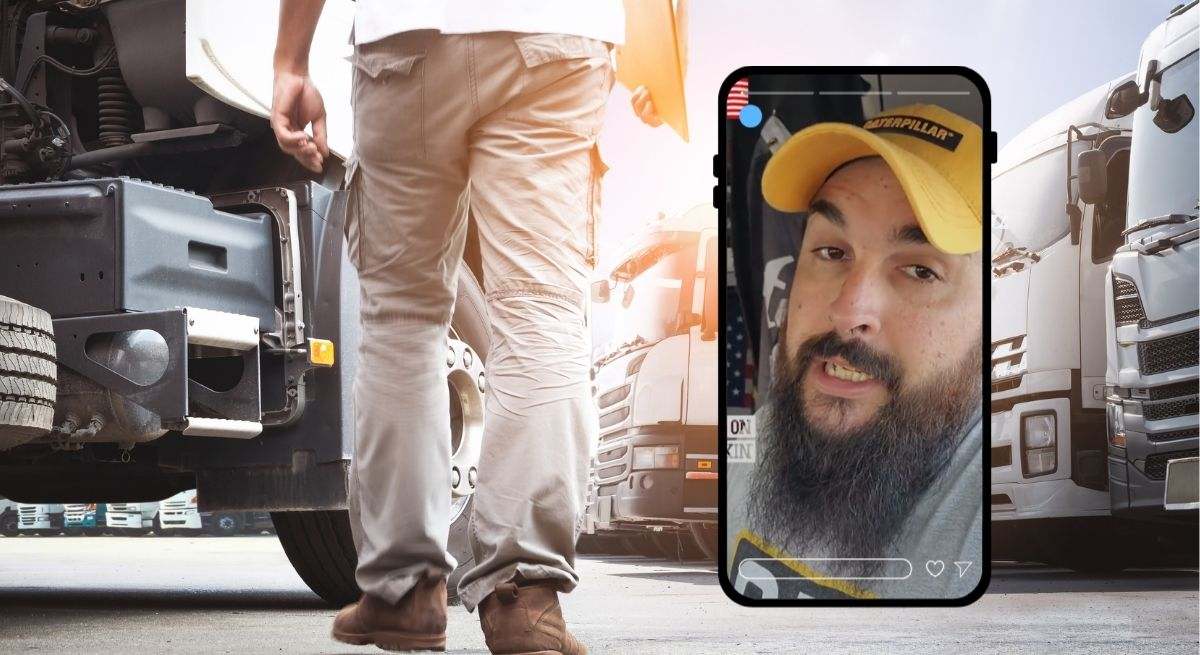 Montaje de un camionero sosteniendo un portapapeles para revisar el motor del camión y Jesús, el profesional español que trabaja en Estados Unidos