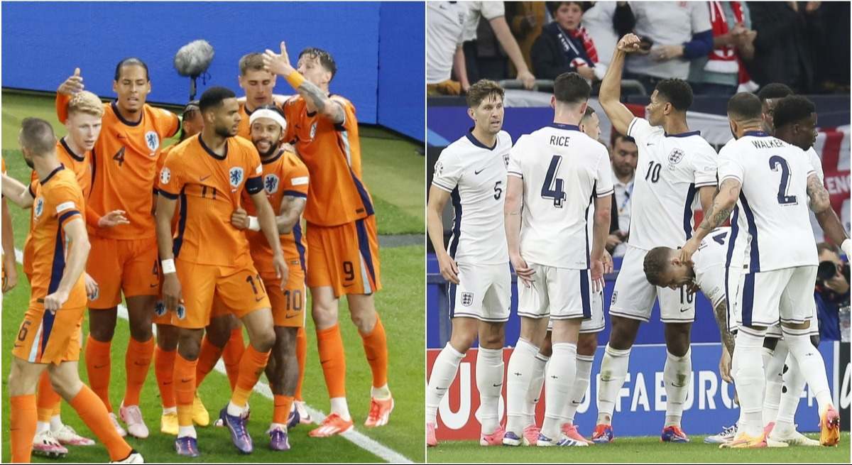 Montaje con jugadores de Países Bajos y de Inglaterra celebrando un gol en esta Eurocopa