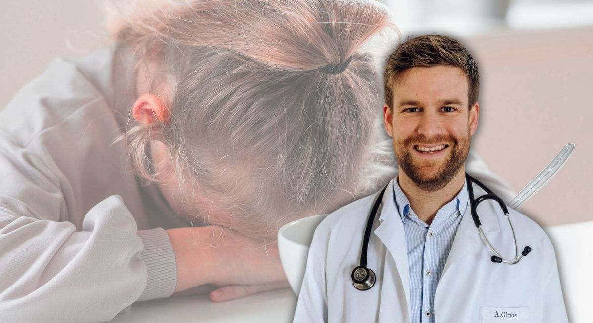 Niña con sueño mientras come de fondo y Alexandre Olmos, médico