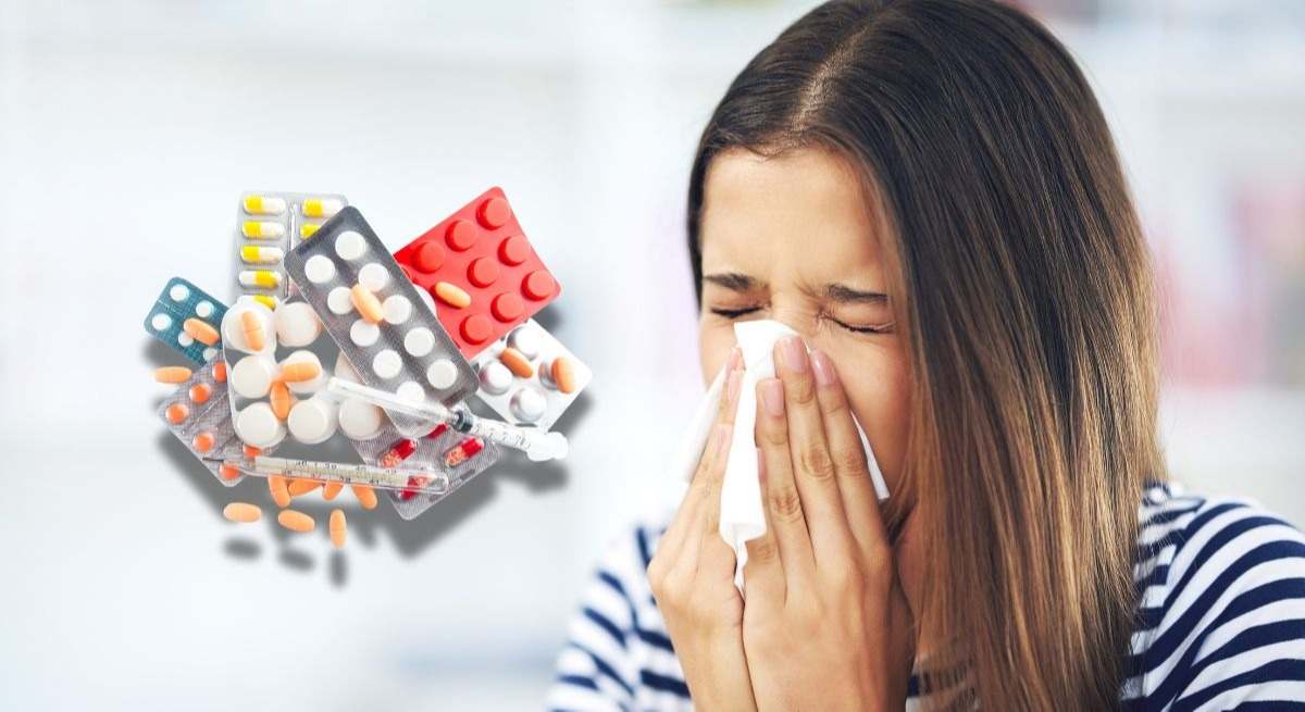 Mujer con alergia con gran cantidad de antihistamínicos