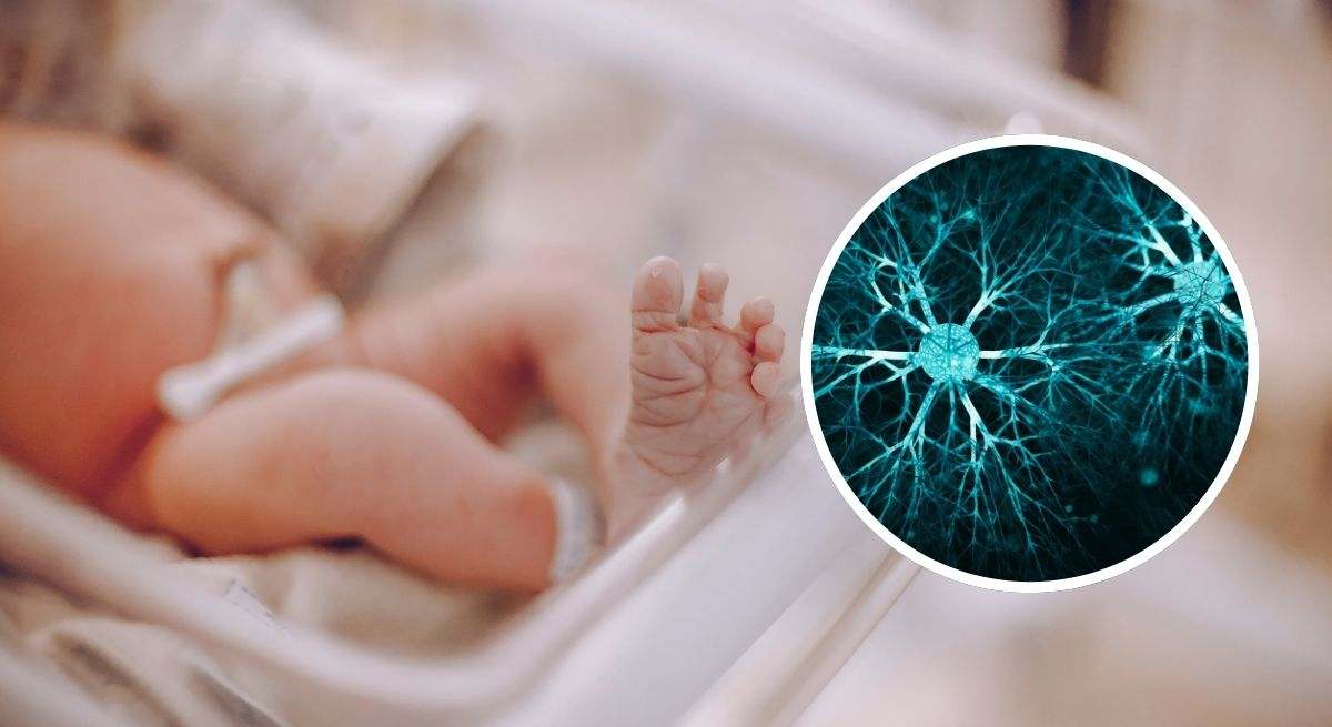 Piernas de recién nacido en una cuna de hospital junto con la imagen de una neurona
