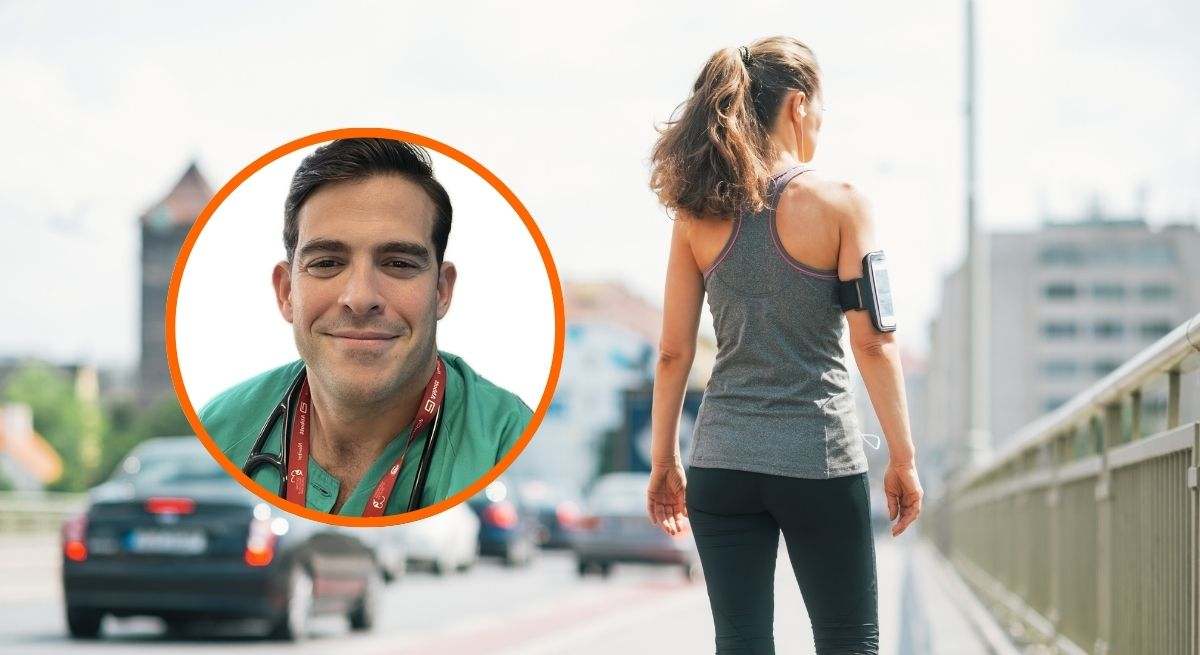 Mujer joven caminando junto e imagen de Aurelio Rojas, cardiólogo