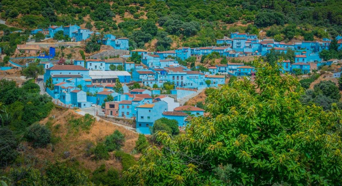 Vista aérea de un pueblo con casas azules