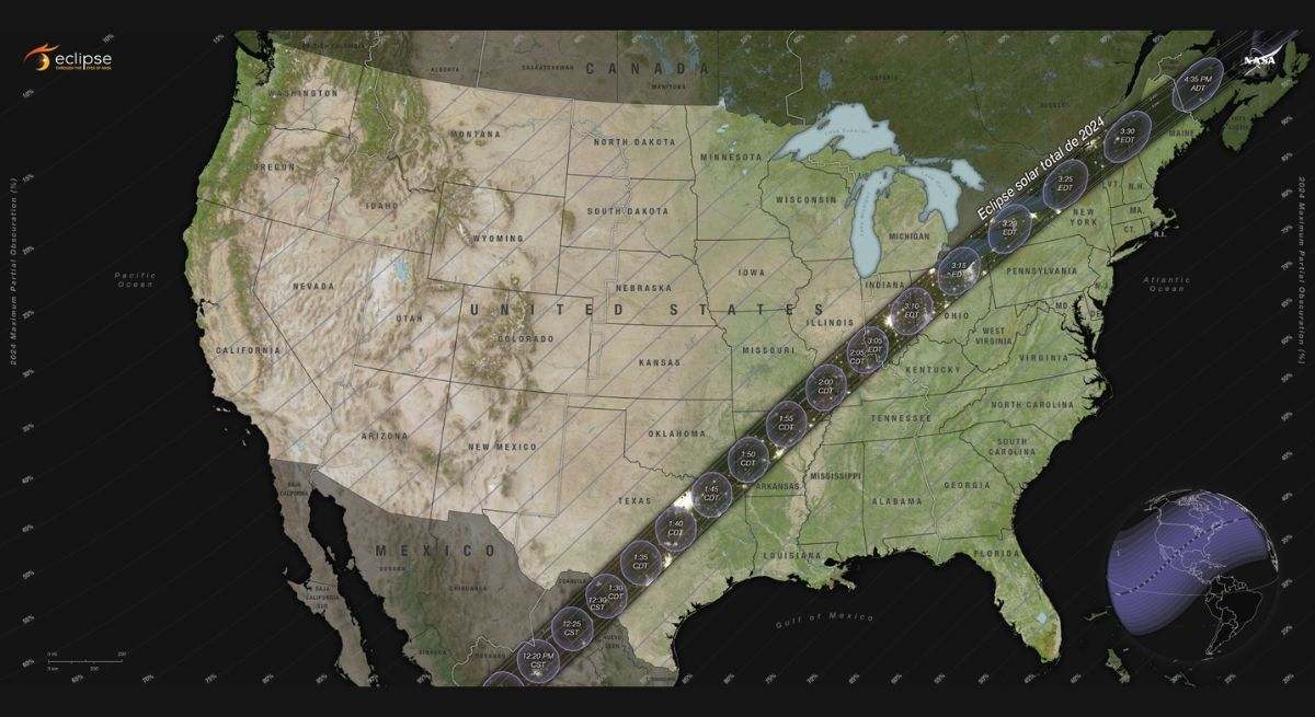 Banda de totalidad del eclipse solar del 8 de abril. / Foto: NASA