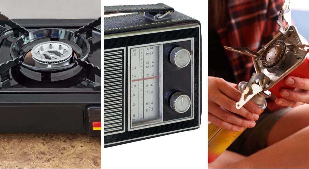Hornillo, transistor y botella para camping gas