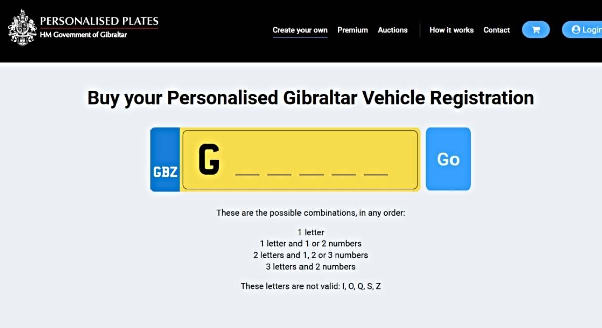 Apartado de la página web del Gobierno de Gibraltar para gestionar la compra de matrículas personalizadas