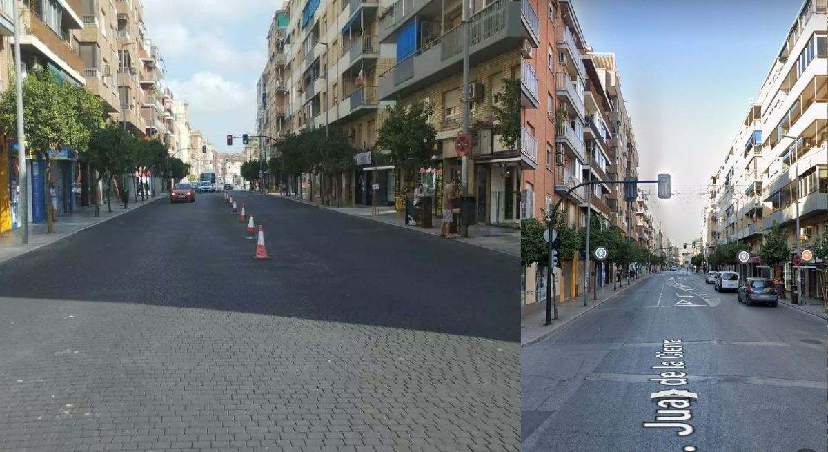 Una comparativa del antes y el después del corredor verde hecho con asfalto del barrio de San Andrés en Murcia