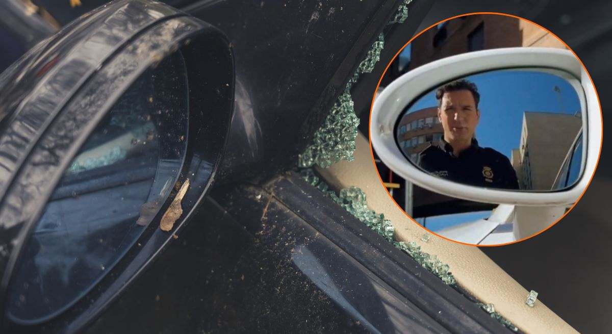 Montaje ventanilla rota de un coche y agente de la Policía Nacional