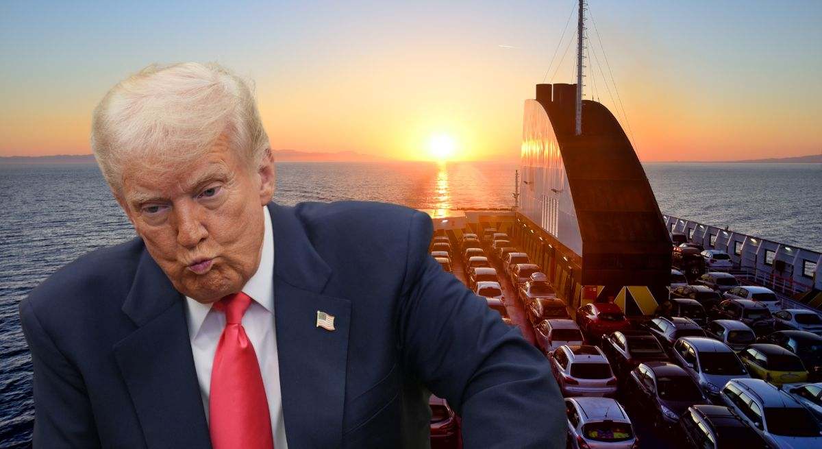 Montaje de Donald Trump, presidente de los Estados Unidos, y un ferry con automóviles