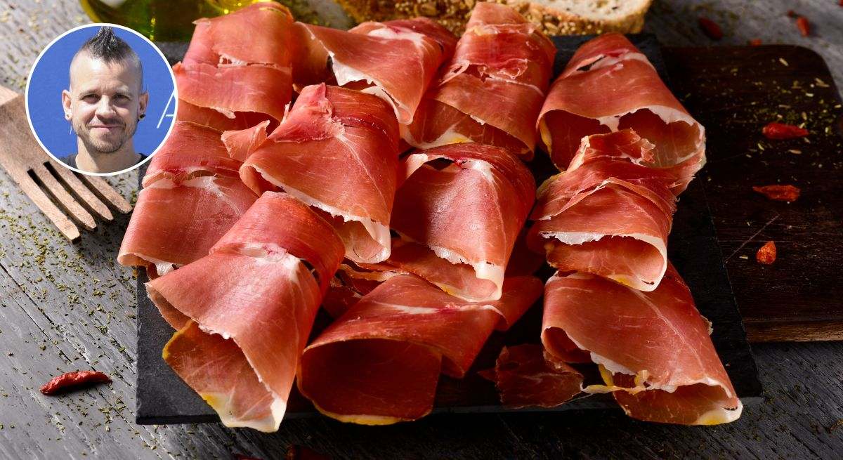 Composición de una tabla de jamón con una imagen de Dabiz Muñoz en la esquina superior izquierda