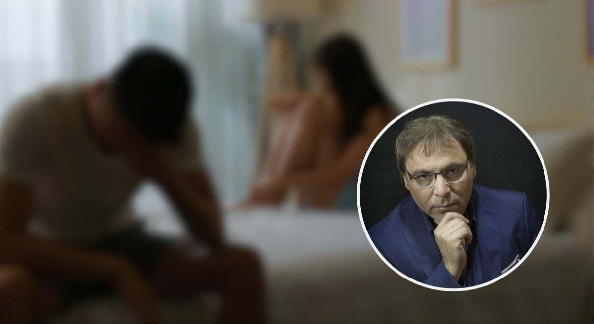 El psicoanalista Gabriel Rolón con la imagen de una pareja discutiendo de fondo desenfocado