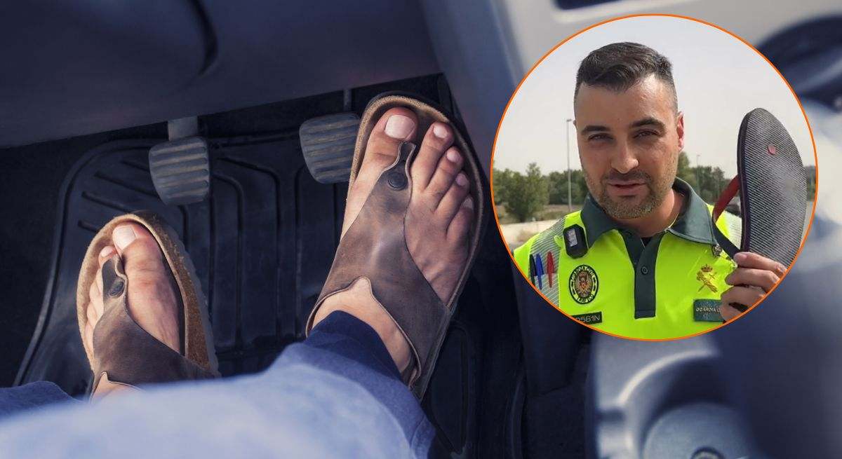 Montaje de una persona conduciendo con chanclas y un agente de la Guardia Civil
