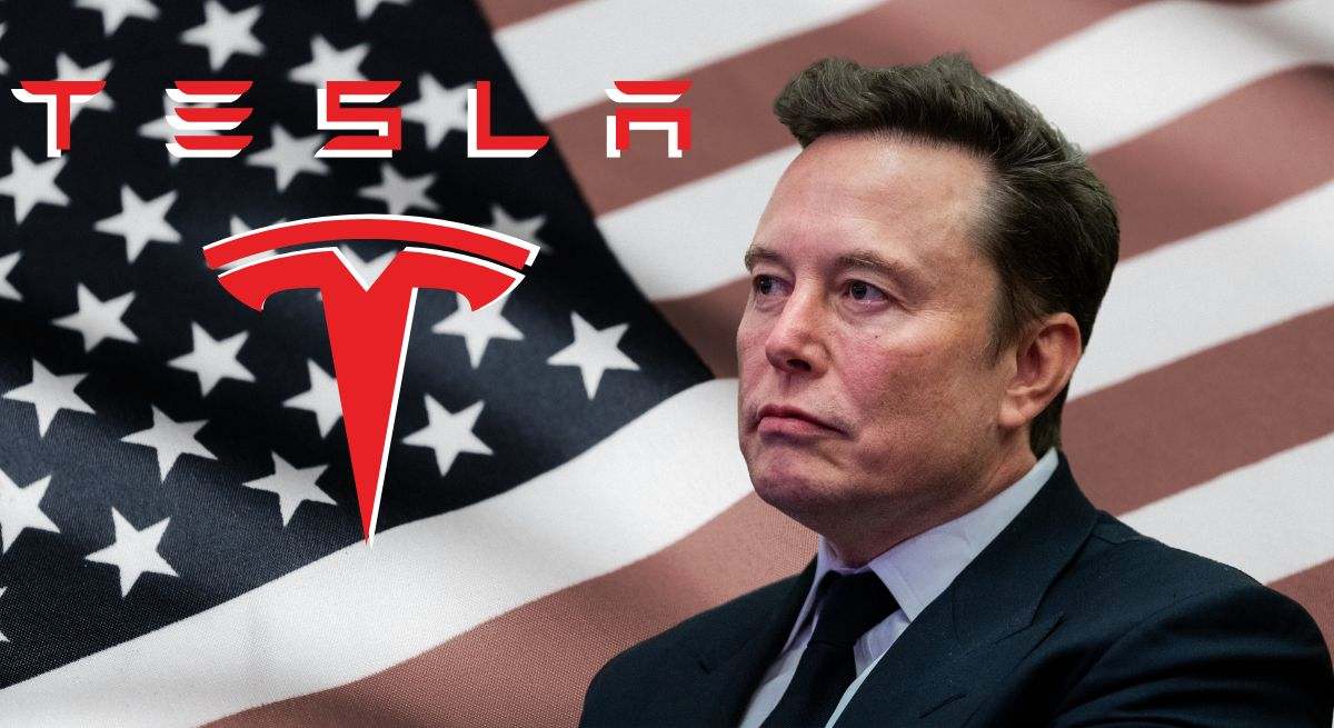 Montaje de Elon Musk con dos logos de Tesla y la bandera de Estados Unidos de fondo