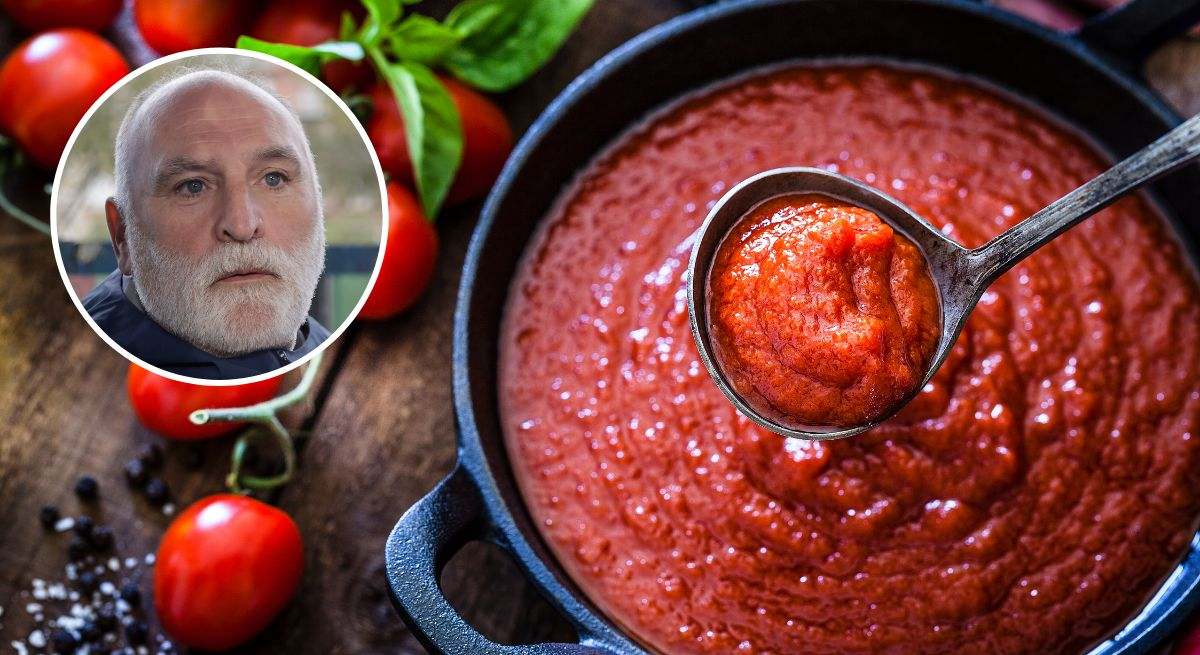 composición de imagen de un sofrito de tomate y la cara del chef jose andrés