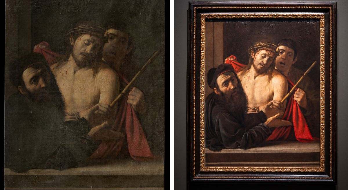 Ecce Homo antes de la restauración. Imagen cortesía de colección privada. El Caravaggio tras la restauración. Foto © M. Nacional del Prado. 
