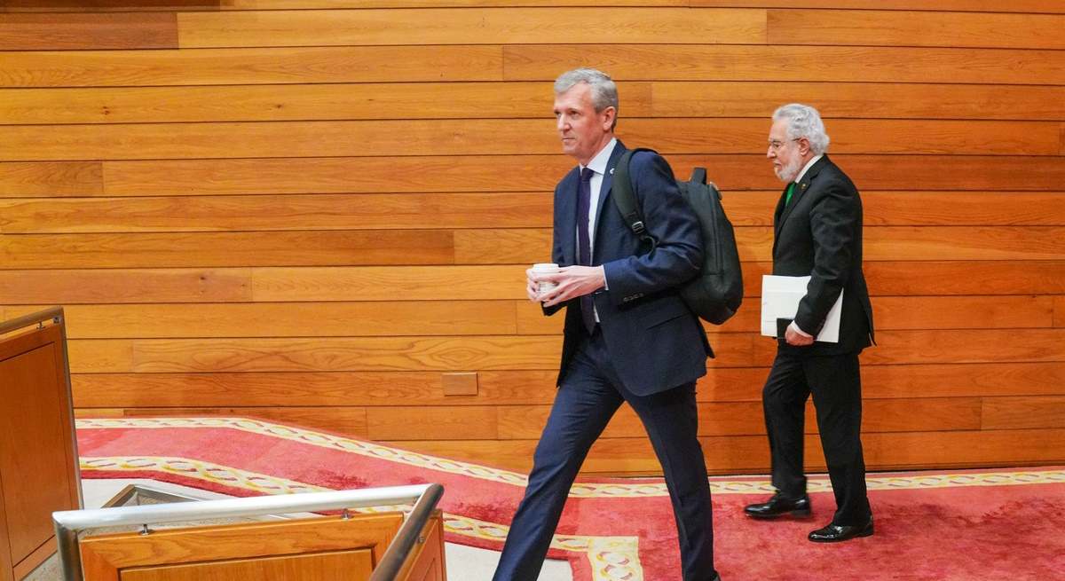Alfonso Rueda entrando en el Parlamento gallego.