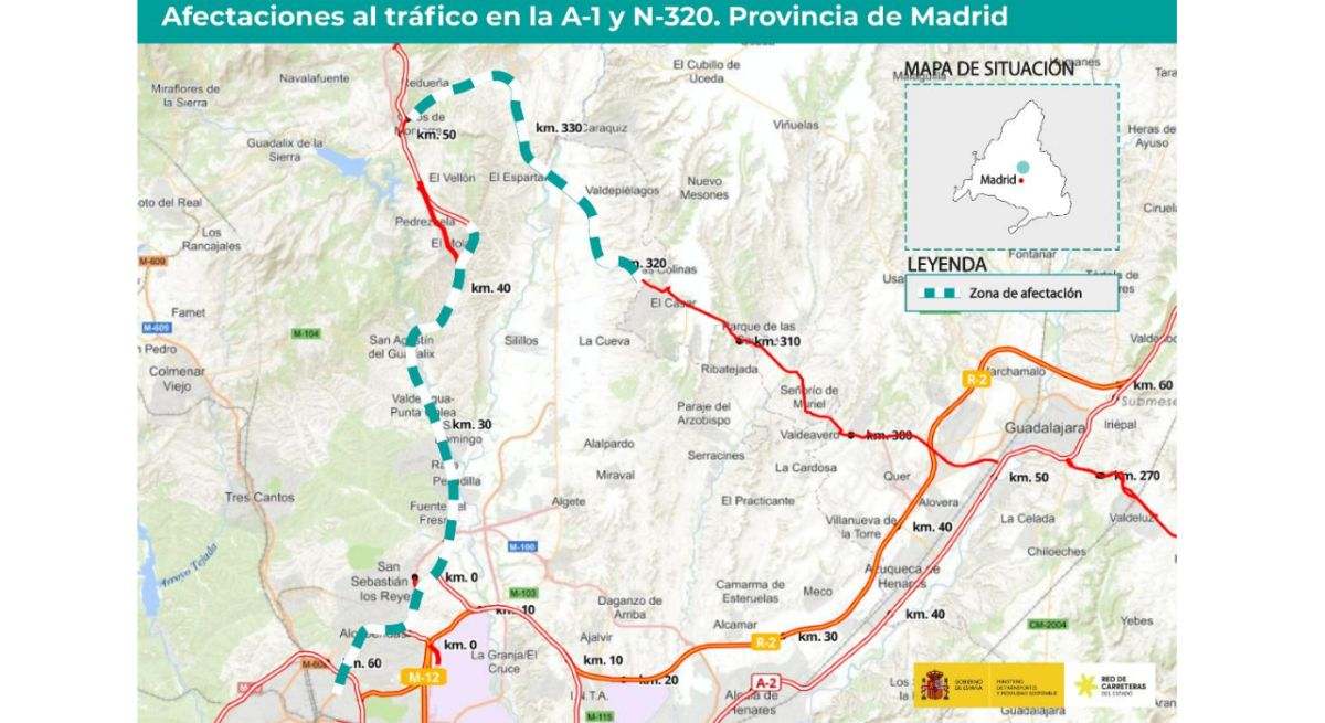 Afectaciones de tráfico en la A-1 y en la N-320 de Madrid. / Foto: Ministerio de Transportes