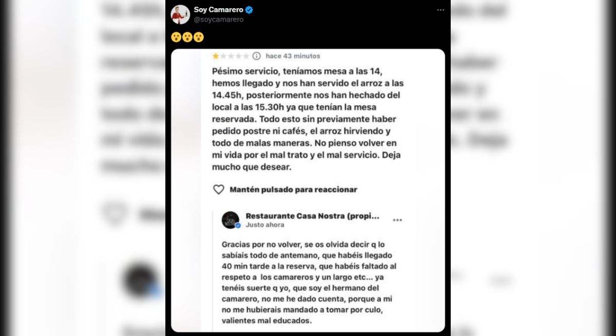 Pone una mala reseña de un restaurante por su servicio, el local responde y su respuesta no puede ser más tajante: "Gracias..."