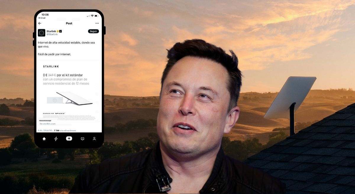 Montaje de Elon Musk con un satélite de internet Stalink detrás y un móvil con el anuncio en X