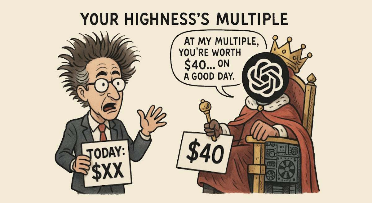 Viñeta generada por IA por Citron Research, en la que OpenAI dice a Palantir "Con mi múltiple, vales 40 dólares... en un buen día"