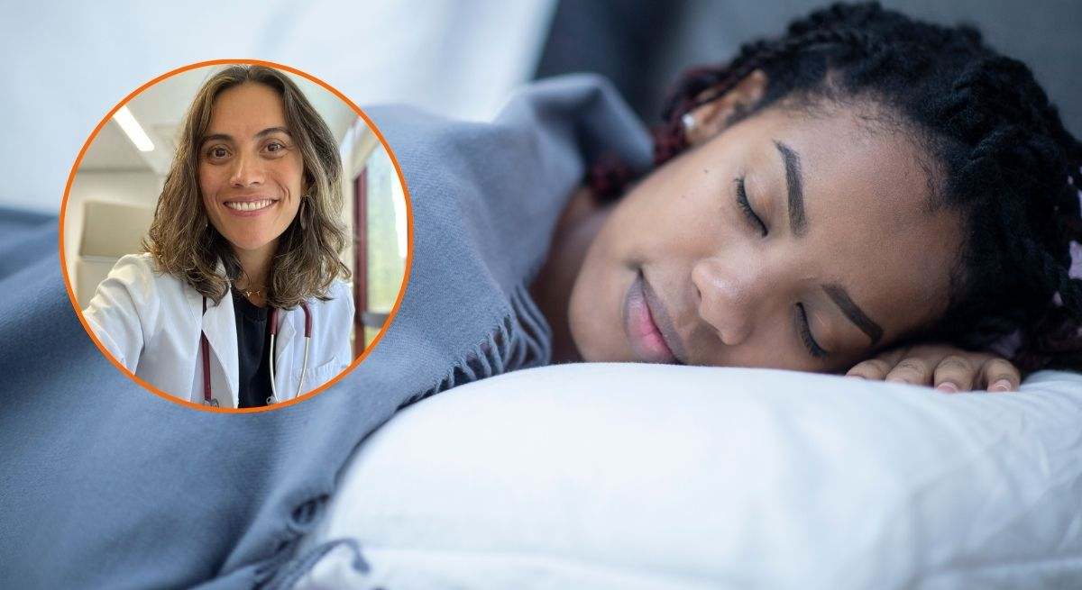 Daniela Silva, especialista en medicina interna, junto con la imagen de una chica durmiendo