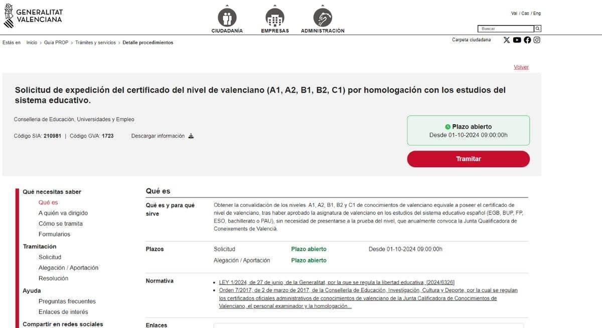 Web para solicitar el certificado de Valenciano. / Foto: Generalitat Valenciana