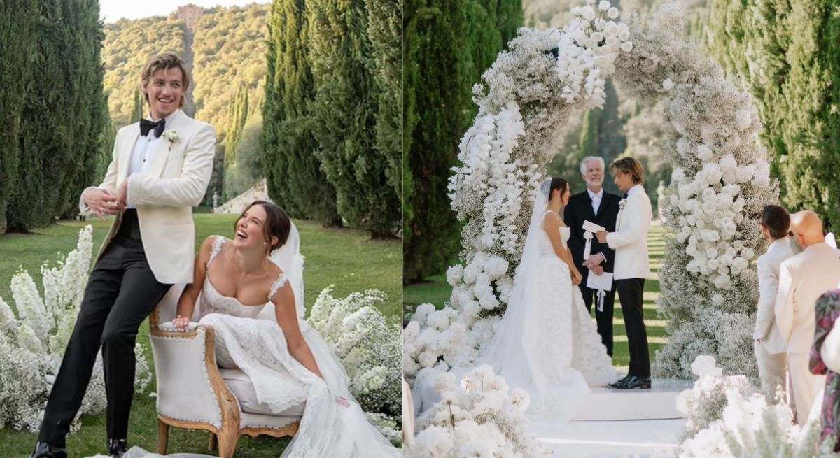 Composición de la boda de Millie bobby y jake bongiovi con Matthew haciendo de oficiante