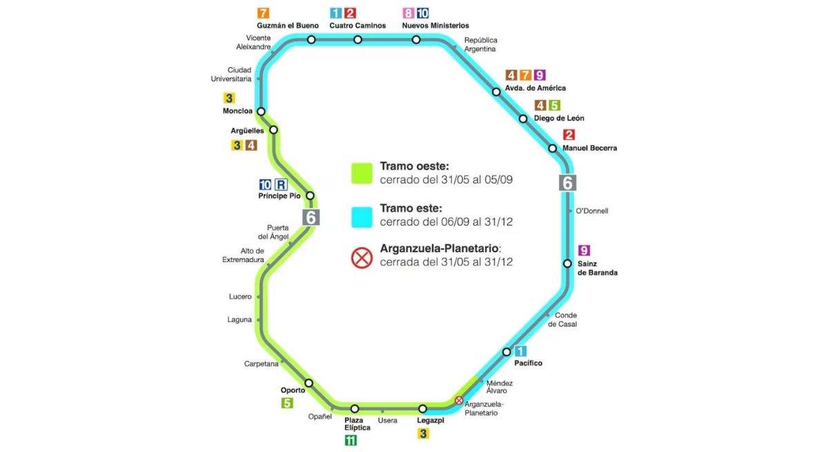 Mapa de las obras de la línea 6 y las estaciones afectadas. / Foto: Metro de Madrid