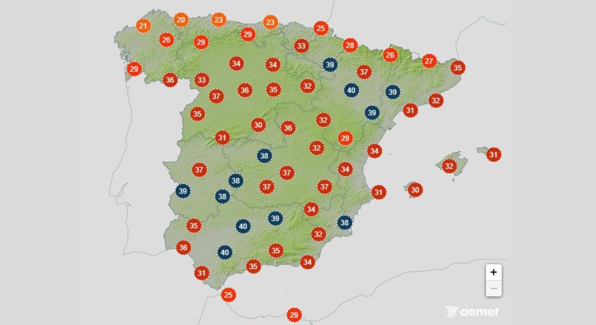 Mapa de las temperaturas durante la ola de calor en España. / Foto: AEMET