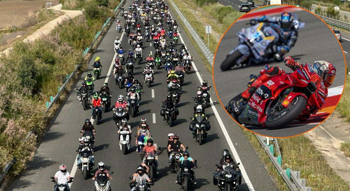 Montaje de caravana motera circulando por la autovía desde el circuito de Jerez en dirección al centro de la ciudad y Marc y Alex Márquez en el GP de las Américas 2024 de MotoGP