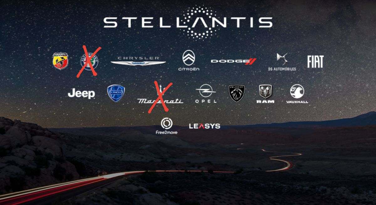 Montaje de las marcas del grupo Stellantis con una cruz roja en Alfa Romeo y Maserati