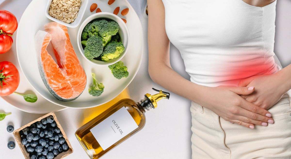 Alimentos antiinflamatorios junto con una mujer con inflamación en el costado