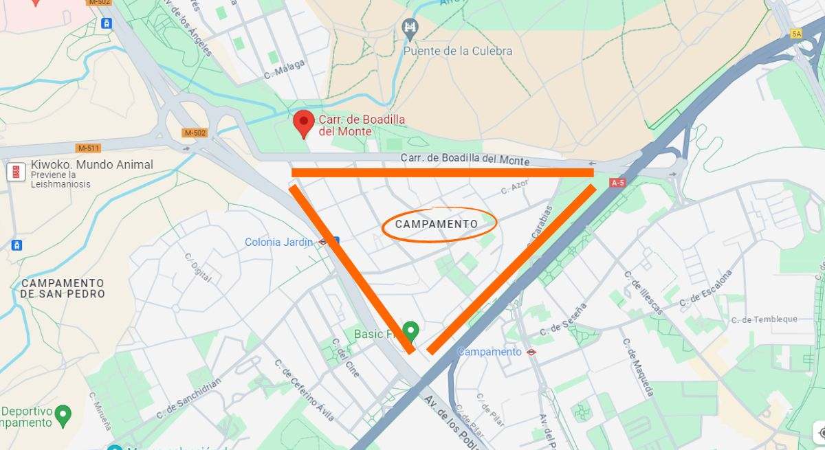 Triángulo de contaminación en Campamento, Madrid. / Foto: Google Maps - Canva