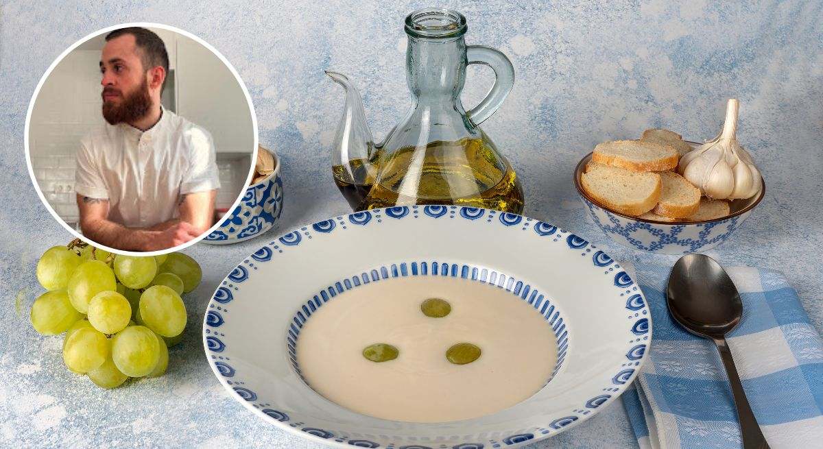 Composición plato de ajoblanco en vajilla de porcelana de la abuela