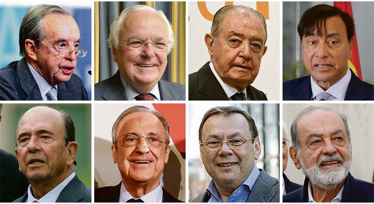 De izquierda a derecha y de arriba a abajo: Asiaín, Rivero, Gabarró, Mittal, Botín, Pérez, Fridman y Slim
