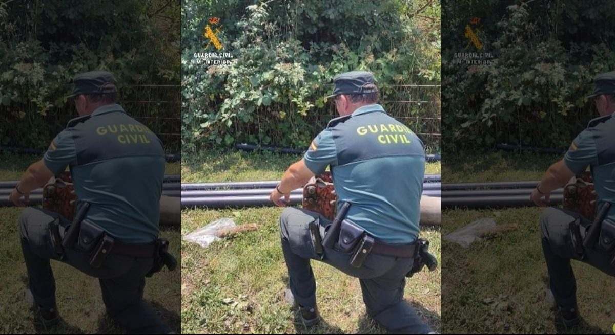 Un agente junto al proyectil localizado en Cabria (Palencia).