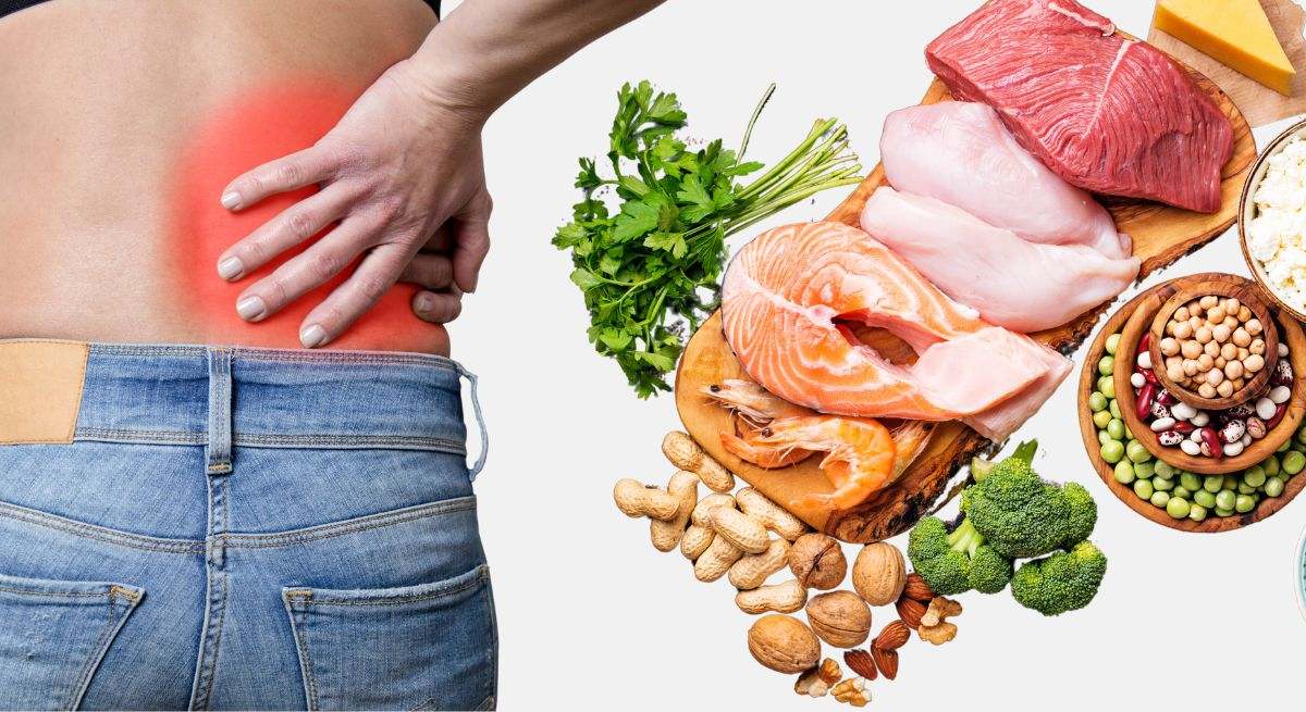 Persona de espaldas con problemas de riñón y alimentos ricos en proteína