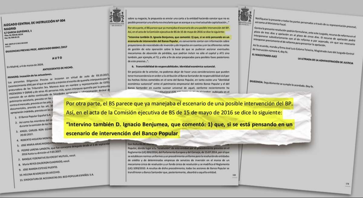 Extracto del auto en el que se reseña el acta de la reunión de la Comisión ejecutiva de Banco Santander. EE